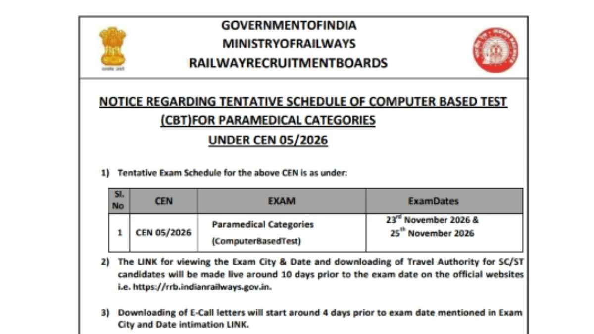 RRB Paramedical Exam Date 2026 Notice PDF