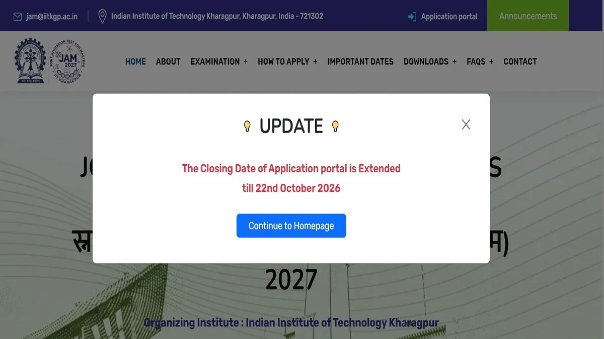 IIT JAM 2027 Registration Deadline Extended to October 22, Apply at jam.iitkgp.ac.in