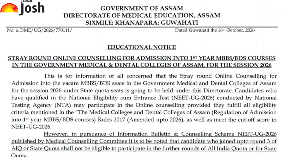Assam NEET UG 2026 Stray Round Seat Allotment Result Out at dme.assam.gov.in; Check College Reporting Schedule & Admission Details