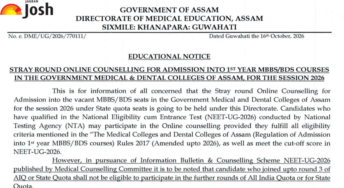 Assam NEET UG 2026 Stray Round Seat Allotment Result Out at dme.assam.gov.in; Check College Reporting Schedule & Admission Details