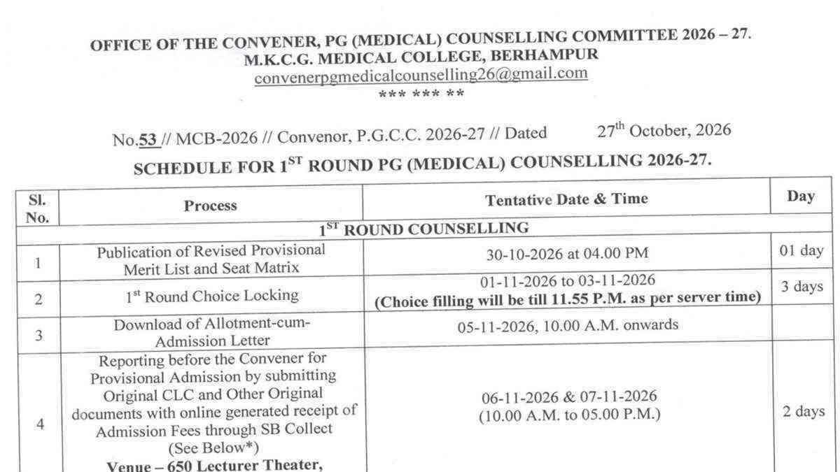 Odisha NEET PG Counselling Dates 2026 Announced