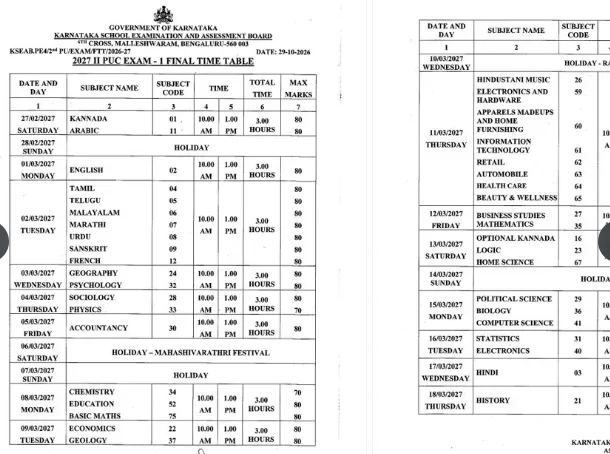Karnataka 2nd PUC Final Timetable 2027 Released, Check Exam 1 and 2 Complete Schedule
