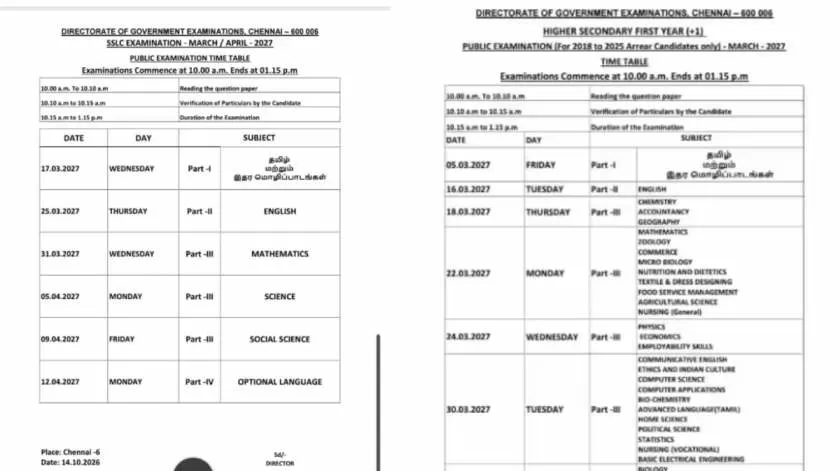 DGE TN 10th, 12th Public Exam Time Table 2027 (OUT) Live: SSLC Exams From March 17, Plus Two From March 3; Complete Schedule DGE TN 10th, 12th Public Exam Time Table 2027 (OUT) Live: SSLC Exams From March 17, Plus Two From March 3; Complete Schedule