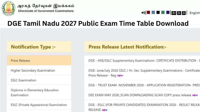 Tamil Nadu Public Exam Time Table 2027 LIVE: Class 10, 12 Schedule Shortly At dge.tn.gov.in, Direct Link Here