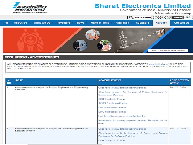 BEL Recruitment 2020: Apply Online for 37 Project Engineer-I Posts