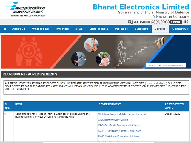 BEL Recruitment 2020: Apply Online for 33 Trainee Engineer-I/Project Engineer-I/Trainee Officer-I/Project Officer-I Posts