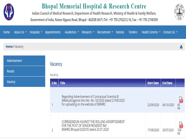 Bhopal Memorial Hospital and Research Centre Recruitment 2020: Apply for 20 Contractual Scientist B Posts