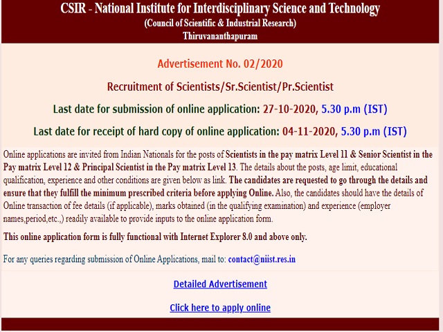CSIR - NIIST Recruitment 2020: Apply Online for Scientist, Senior Scientist and Principal Scientist Posts