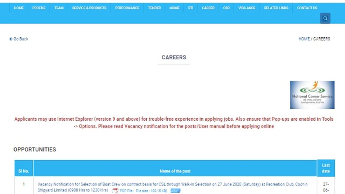Cochin Shipyard Limited Recruitment 2020 Walk-in for Serang and Engine Driver Posts