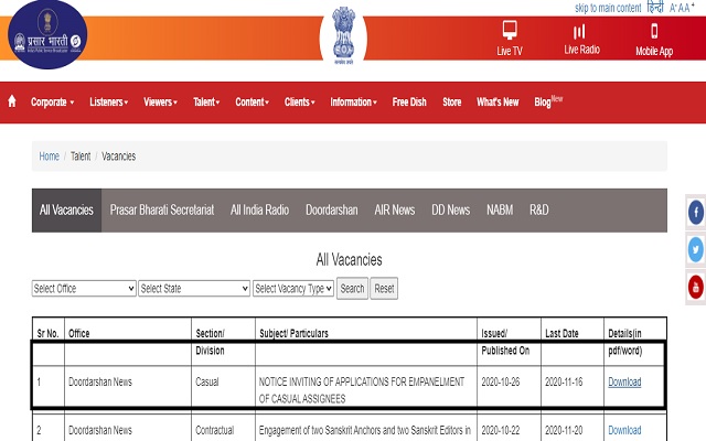 Doordarshan News Chandigarh Recruitment 2020 Notification out, Applications invited for Steno, Assistant News Editor and Other Posts