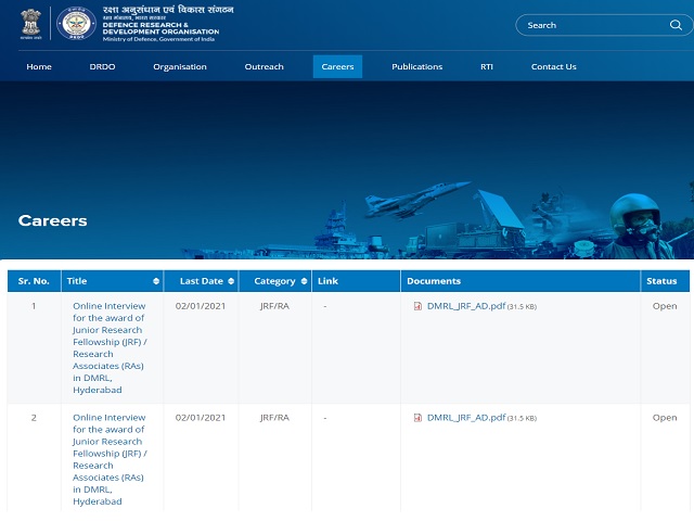 DRDO -DMRL Recruitment 2020: Apply for 21 Junior Research Fellow (JRF) and Research Associate (RA) Posts