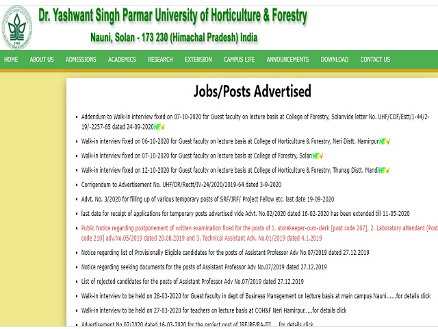 Dr YSP University Recruitment 2020, Walk in for Guest Faculty Posts