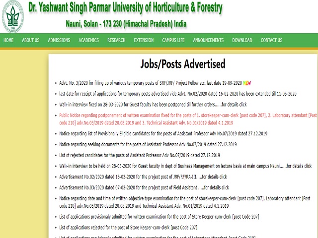 Dr YSP University Recruitment 2020: Apply 10 SRF/JRF/Project Fellow Posts