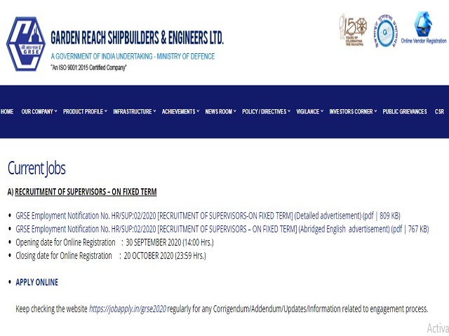 GRSE Recruitment 2020: Apply Online for 36 Supervisor and Design Supervisor Posts @grse.in