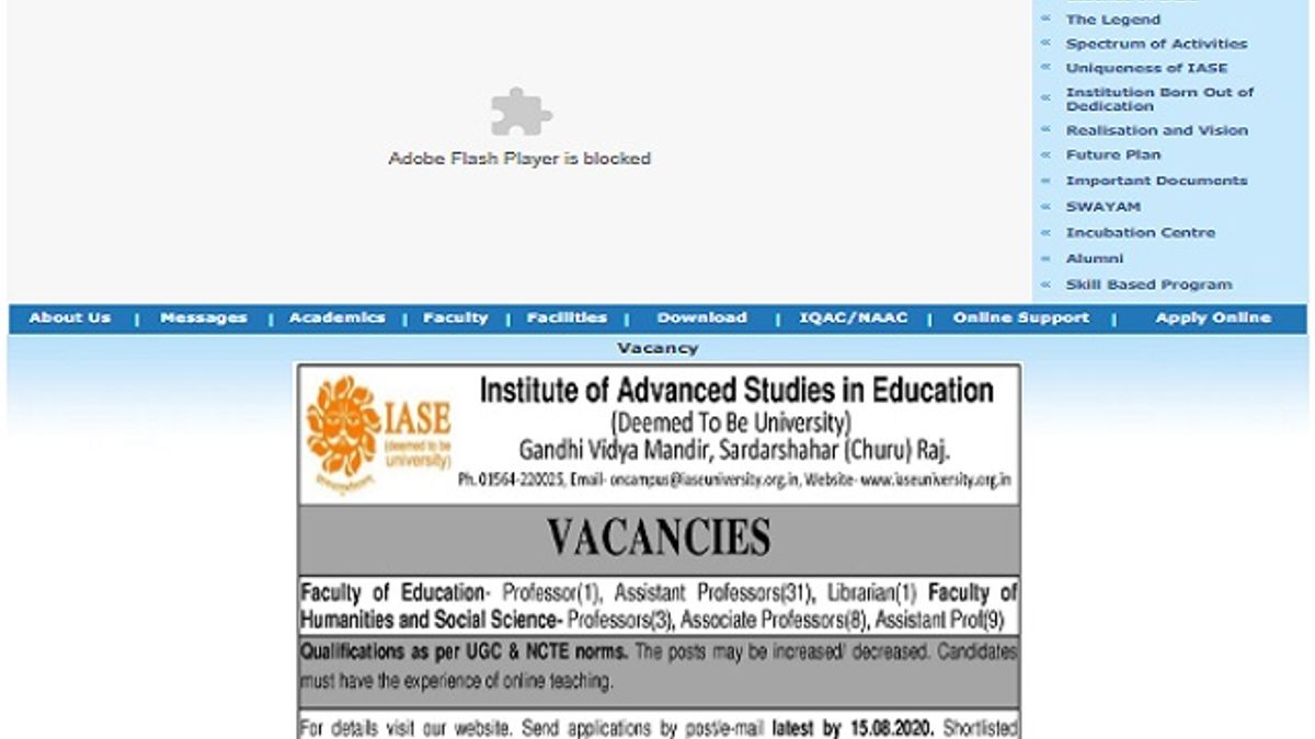 IASE Recruitment 2020: Apply 53 Assistant Professor, Librarian and Other Posts @iaseuniversity.org.in