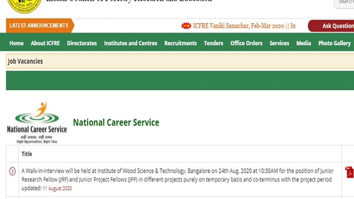 ICFRE Recruitment 2020: Walk-in for Junior Research Fellow (JRF) Posts