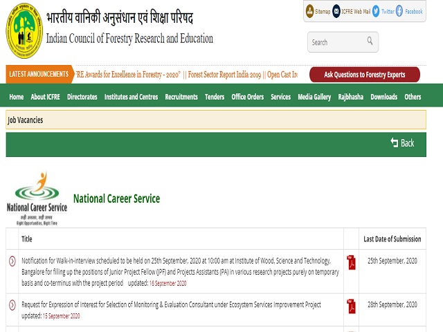 ICFRE Recruitment 2020: Apply for Research Associate (RA) and Senior Project Fellowship  (SPF) Posts