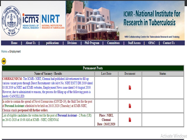 ICMR -NIRT Recruitment 2020, Walk in for 61 Project Technical Officer, DEO and Other Posts