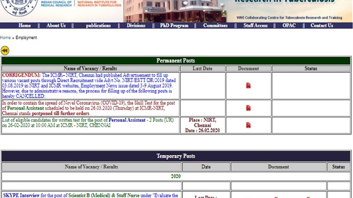 ICMR -NIRT Recruitment 2020: Apply Scientist B (Medical) And Staff ...