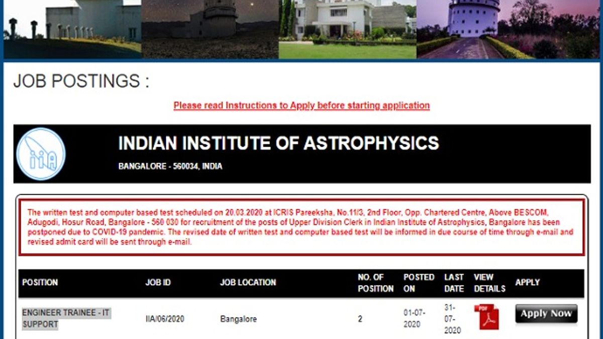 Indian Institute of Astrophysics (IIA) Recruitment 2020: Apply for Engineer Trainee (IT Support) and Engineer Trainee (Web) Posts