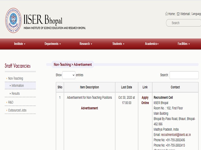 IISER Bhopal Recruitment 2020: Apply Online for 81 Lab Technician, Staff Nurse and Other Posts