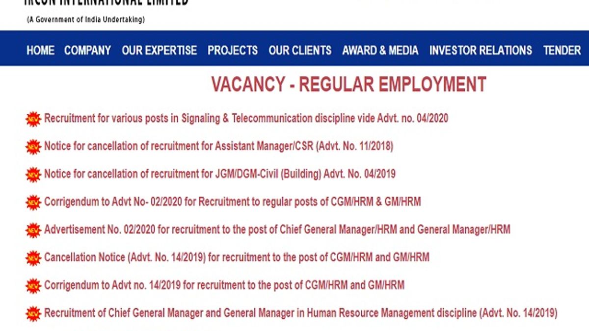 IRCON Recruitment 2020: Apply AGM, JGM, DGM and Other Posts @ircon.org