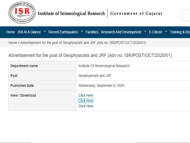 ISR Gujarat Recruitment 2020: Apply Junior Research Fellow and Geophysicist Posts