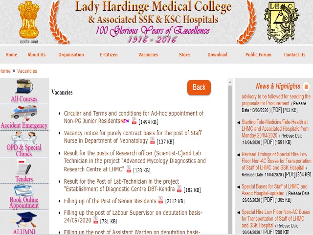 Lady Hardinge Medical College (LHMC) Recruitment 2020, Walk in for 179 Senior Resident Posts, Salary Rs. 67,700