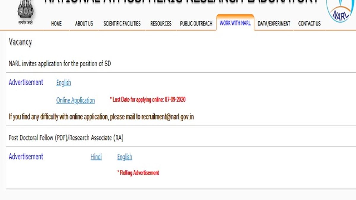 NARL Recruitment 2020: Apply Online for Scientist/Engineer 'SD' Posts, Salary Rs. 67,700