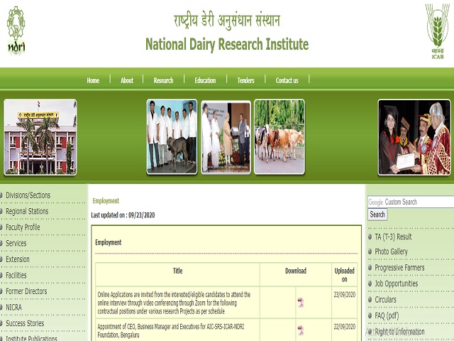 NDRI Recruitment 2020, Walk in for 17 SRF, Young Professional-II & Other Posts