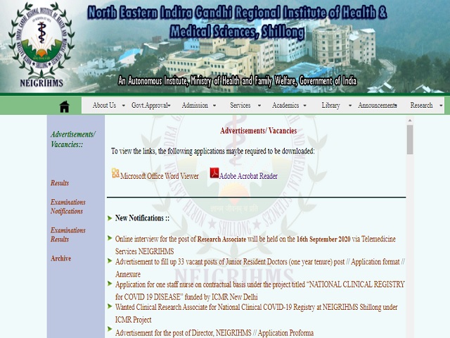 NEIGRIHMS Recruitment 2020: Apply 33 Junior Resident Doctor Posts