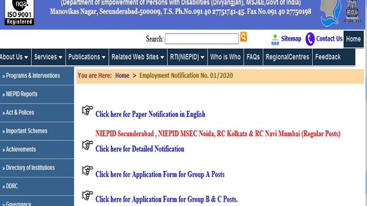 NIEPID, सिकंदराबाद भर्ती 2020: 18 ग्रुप-ए, ग्रुप-बी और ग्रुप-सी पदों की वेकेंसी के लिए करें आवेदन