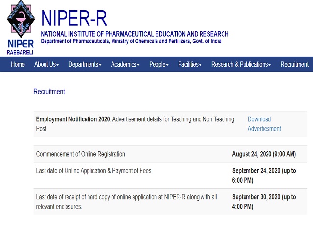 NIPER Raebareli Recruitment 2020: 21 Teaching and Non Teaching Posts Apply Online @niperraebareli.edu.in