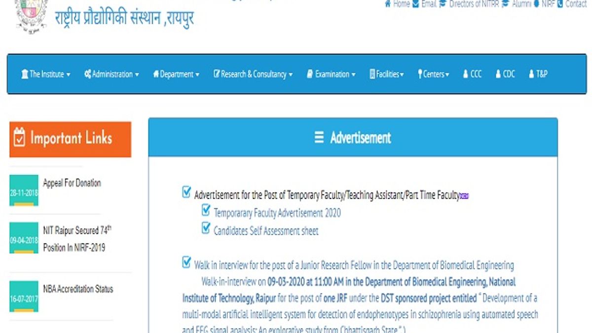 NIT Raipur Recruitment 2020: Apply for 15 Faculty and Teaching Assistant Posts