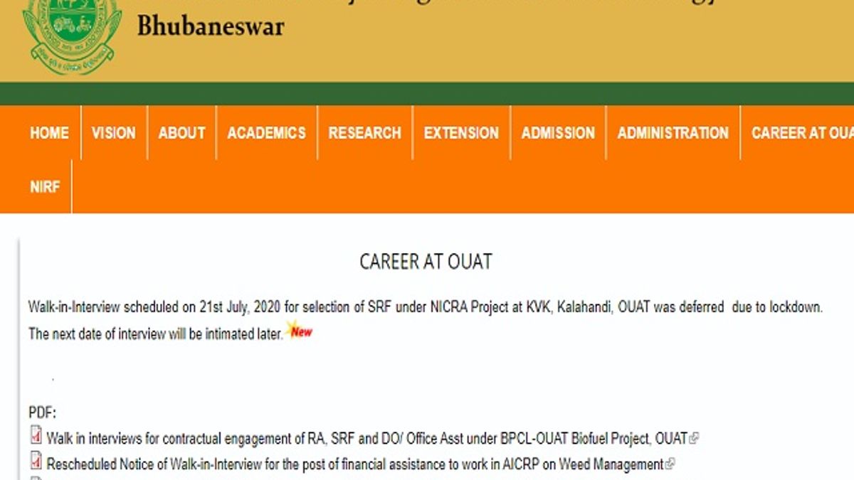 OUAT Recruitment 2020: Walk-in for RA, SRF & One Desk Officer/Office Assistant Posts