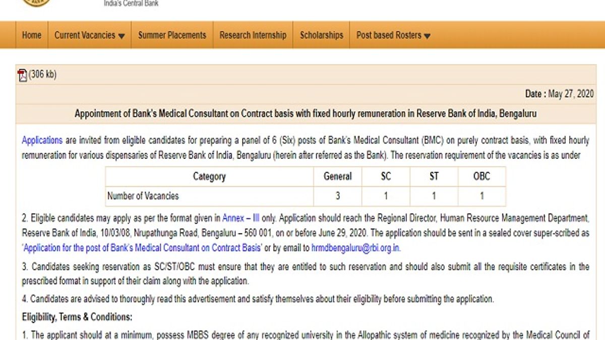 Reserve Bank of India (RBI) Recruitment 2020: Apply for Bank’s Medical Consultant Posts
