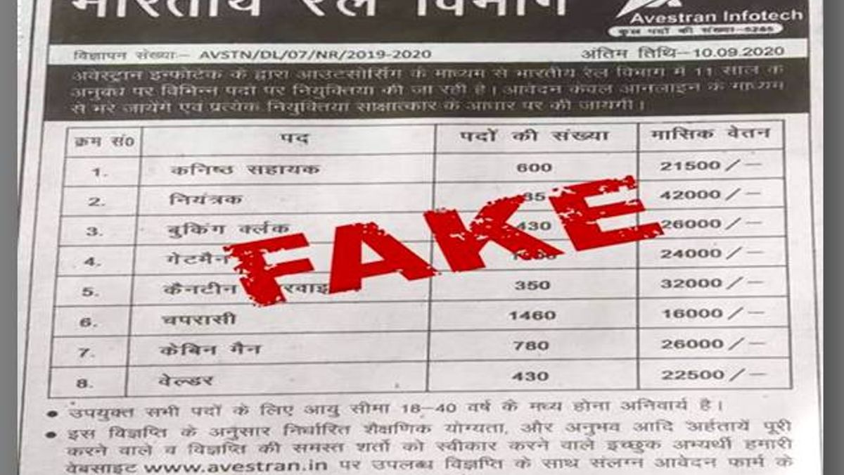 Indian Railways RRB Recruitment 2020 Official Fraud Alert: Fake News of 5285 Vacancies (RRB Group D&C) Advertised, Ministry of Railways Issued Warning