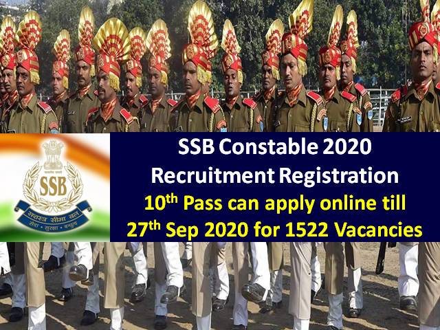 SSB Constable Recruitment 2020 Registration Ends on 27 Sep 2020 @ssbrectt.gov.in: 10th Pass can Apply Online for 1522 Vacancies, Check Online Application Process