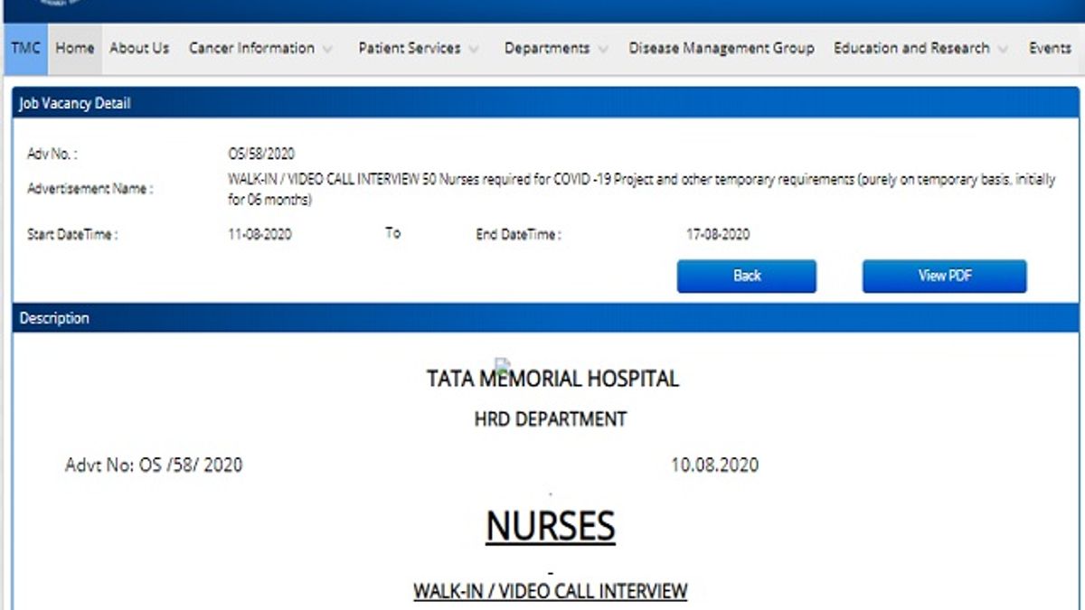 Tata Memorial Centre (TMC) Recruitment 2020: Walk-in for 50 Nurses Posts
