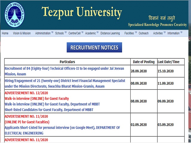 Tezpur University Recruitment 2020: Apply for 84 Technical Officers-II Posts