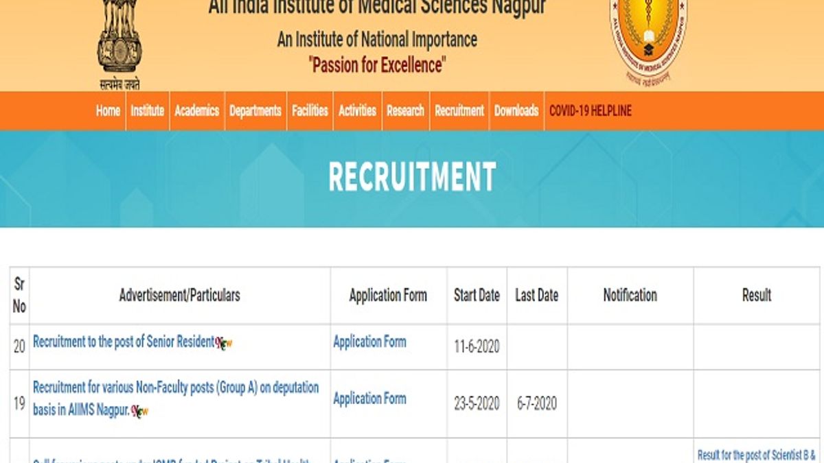 AIIMS Nagpur Recruitment 2020 Walk-in for 06 Senior Resident Posts