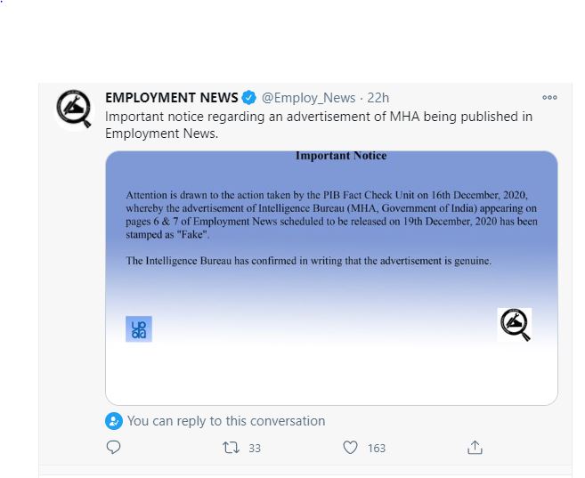 Intelligence Bureau ACIO Recruitment Notification for 2000 Vacancies is NOT FAKE - Employment News Tweeted