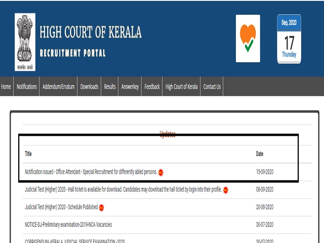 Kerala High Court Office Assistant Recruitment 2020 Notification: Online Applications to commence from 24 Sept onwards, Details here