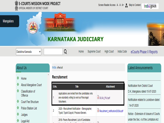 Dakshina Kannada District Court Recruitment 2020: 60 Vacancies for PLVs Posts, Apply @dslsa.org