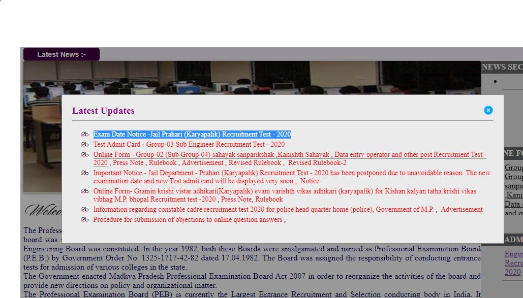 MPPEB Jail Prahari Admit Card 2020 Download @peb.mp.gov.in: MP Jail Prahari Exam from 11 December to 24 December