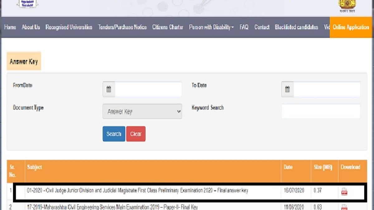 MPSC Civil Judge Prelims Final Answer Key 2020 Released @mpsc.gov.in, Check Direct Link Here