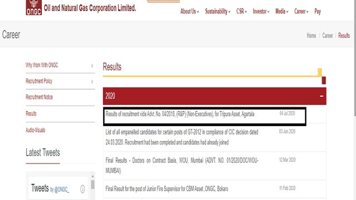 ONGC Result 2020 announced for various posts, Check ONGC Assistant Technician, Junior Assistant and Other Non Executive Post Final Result 04/2018