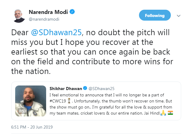 Pitch will miss you: PM Narendra Modi to Shikhar Dhawan